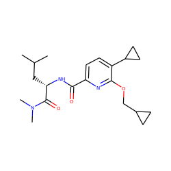 CC(C)C[C@H](NC(=O)c1ccc(C2CC2)c(OCC2CC2)n1)C(=O)N(C)C ZINC000207736265