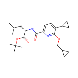 CC(C)C[C@H](NC(=O)c1ccc(C2CC2)c(OCC2CC2)n1)C(=O)OC(C)(C)C ZINC000150198935