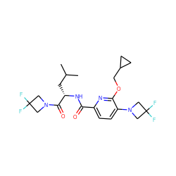 CC(C)C[C@H](NC(=O)c1ccc(N2CC(F)(F)C2)c(OCC2CC2)n1)C(=O)N1CC(F)(F)C1 ZINC000207738642