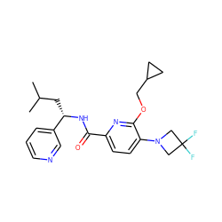 CC(C)C[C@H](NC(=O)c1ccc(N2CC(F)(F)C2)c(OCC2CC2)n1)c1cccnc1 ZINC000207739388