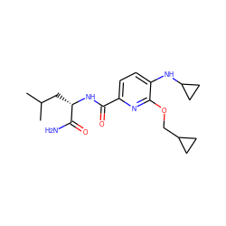 CC(C)C[C@H](NC(=O)c1ccc(NC2CC2)c(OCC2CC2)n1)C(N)=O ZINC000207732729