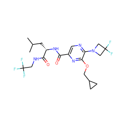 CC(C)C[C@H](NC(=O)c1cnc(N2CC(F)(F)C2)c(OCC2CC2)n1)C(=O)NCC(F)(F)F ZINC000207393284