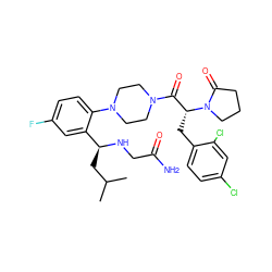 CC(C)C[C@H](NCC(N)=O)c1cc(F)ccc1N1CCN(C(=O)[C@@H](Cc2ccc(Cl)cc2Cl)N2CCCC2=O)CC1 ZINC000028823908