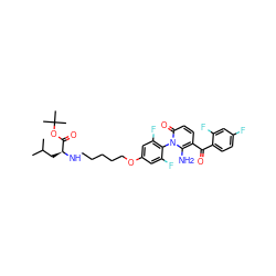 CC(C)C[C@H](NCCCCCOc1cc(F)c(-n2c(N)c(C(=O)c3ccc(F)cc3F)ccc2=O)c(F)c1)C(=O)OC(C)(C)C ZINC000149975148