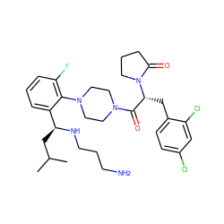 CC(C)C[C@H](NCCCN)c1cccc(F)c1N1CCN(C(=O)[C@@H](Cc2ccc(Cl)cc2Cl)N2CCCC2=O)CC1 ZINC000028823906