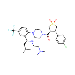 CC(C)C[C@H](NCCN(C)C)c1cc(C(F)(F)F)ccc1N1CCN(C(=O)[C@H]2CS(=O)(=O)C[C@@H]2c2ccc(Cl)cc2)CC1 ZINC000029039312