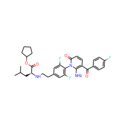 CC(C)C[C@H](NCCc1cc(F)c(-n2c(N)c(C(=O)c3ccc(F)cc3)ccc2=O)c(F)c1)C(=O)OC1CCCC1 ZINC000139142732