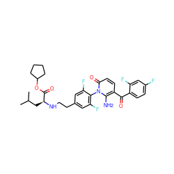 CC(C)C[C@H](NCCc1cc(F)c(-n2c(N)c(C(=O)c3ccc(F)cc3F)ccc2=O)c(F)c1)C(=O)OC1CCCC1 ZINC000139174852