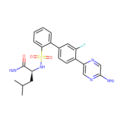 CC(C)C[C@H](NS(=O)(=O)c1ccccc1-c1ccc(-c2cnc(N)cn2)c(F)c1)C(N)=O ZINC000224752890