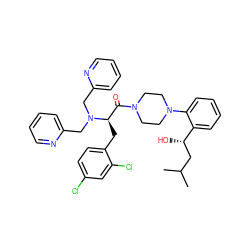 CC(C)C[C@H](O)c1ccccc1N1CCN(C(=O)[C@@H](Cc2ccc(Cl)cc2Cl)N(Cc2ccccn2)Cc2ccccn2)CC1 ZINC000049832938