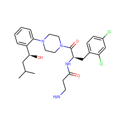 CC(C)C[C@H](O)c1ccccc1N1CCN(C(=O)[C@@H](Cc2ccc(Cl)cc2Cl)NC(=O)CCN)CC1 ZINC000042852685