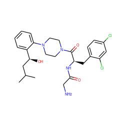 CC(C)C[C@H](O)c1ccccc1N1CCN(C(=O)[C@@H](Cc2ccc(Cl)cc2Cl)NC(=O)CN)CC1 ZINC000040380099