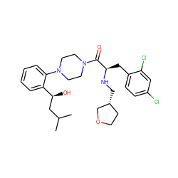 CC(C)C[C@H](O)c1ccccc1N1CCN(C(=O)[C@@H](Cc2ccc(Cl)cc2Cl)NC[C@@H]2CCOC2)CC1 ZINC000044387669