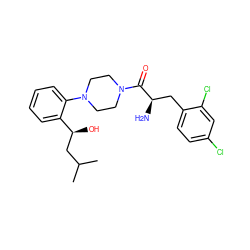 CC(C)C[C@H](O)c1ccccc1N1CCN(C(=O)[C@H](N)Cc2ccc(Cl)cc2Cl)CC1 ZINC000040859975