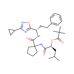 CC(C)C[C@H](OC(=O)C(C)(C)C)C(=O)NC1(C(=O)N[C@@H](CCc2ccccc2)c2nc(C3CC3)no2)CCCC1 ZINC000653710235