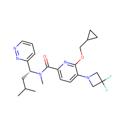 CC(C)C[C@H](c1cccnn1)N(C)C(=O)c1ccc(N2CC(F)(F)C2)c(OCC2CC2)n1 ZINC000146228846