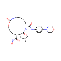 CC(C)C[C@H]1C(=O)N[C@H](C(=O)Nc2ccc(N3CCOCC3)cc2)CCCCNC(=O)OCCC[C@@H]1C(=O)NO ZINC000026577619