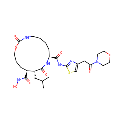 CC(C)C[C@H]1C(=O)N[C@H](C(=O)Nc2nc(CC(=O)N3CCOCC3)cs2)CCCCNC(=O)OCCC[C@@H]1C(=O)NO ZINC000026578439