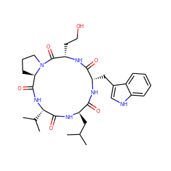 CC(C)C[C@H]1NC(=O)[C@H](C(C)C)NC(=O)[C@H]2CCCN2C(=O)[C@H](CCO)NC(=O)[C@H](Cc2c[nH]c3ccccc23)NC1=O ZINC000027434627