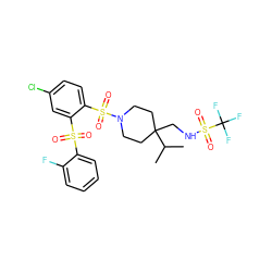 CC(C)C1(CNS(=O)(=O)C(F)(F)F)CCN(S(=O)(=O)c2ccc(Cl)cc2S(=O)(=O)c2ccccc2F)CC1 ZINC000049771254