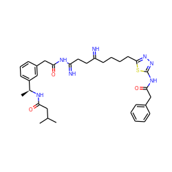 CC(C)CC(=O)N[C@@H](C)c1cccc(CC(=O)NC(=N)CCC(=N)CCCCc2nnc(NC(=O)Cc3ccccc3)s2)c1 ZINC000169698650