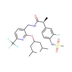 CC(C)CC(CC(C)C)Oc1nc(C(F)(F)F)ccc1CNC(=O)[C@@H](C)c1ccc(NS(C)(=O)=O)c(F)c1 ZINC000096270948