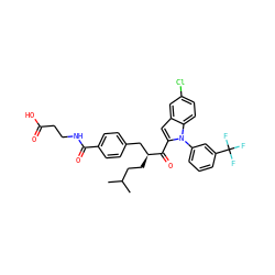 CC(C)CC[C@@H](Cc1ccc(C(=O)NCCC(=O)O)cc1)C(=O)c1cc2cc(Cl)ccc2n1-c1cccc(C(F)(F)F)c1 ZINC000060329006