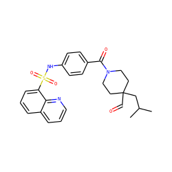 CC(C)CC1(C=O)CCN(C(=O)c2ccc(NS(=O)(=O)c3cccc4cccnc34)cc2)CC1 ZINC000217749248