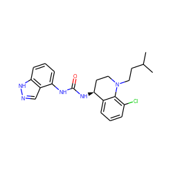 CC(C)CCN1CC[C@H](NC(=O)Nc2cccc3[nH]ncc23)c2cccc(Cl)c21 ZINC000038268546