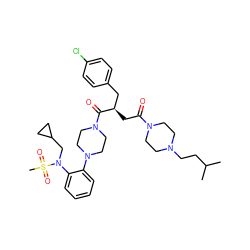 CC(C)CCN1CCN(C(=O)C[C@H](Cc2ccc(Cl)cc2)C(=O)N2CCN(c3ccccc3N(CC3CC3)S(C)(=O)=O)CC2)CC1 ZINC000027216931