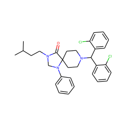 CC(C)CCN1CN(c2ccccc2)C2(CCN(C(c3ccccc3Cl)c3ccccc3Cl)CC2)C1=O ZINC000044430700