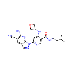 CC(C)CCNC(=O)c1cnc(-n2ncc3cc(C#N)c(N)nc32)cc1NC1COC1 ZINC001772583658