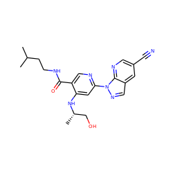 CC(C)CCNC(=O)c1cnc(-n2ncc3cc(C#N)cnc32)cc1N[C@@H](C)CO ZINC001772647008