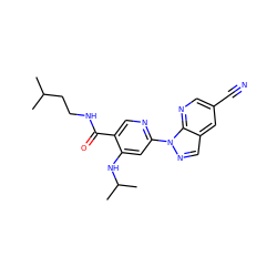 CC(C)CCNC(=O)c1cnc(-n2ncc3cc(C#N)cnc32)cc1NC(C)C ZINC001772656920