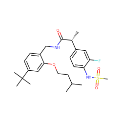 CC(C)CCOc1cc(C(C)(C)C)ccc1CNC(=O)[C@H](C)c1ccc(NS(C)(=O)=O)c(F)c1 ZINC001772617285