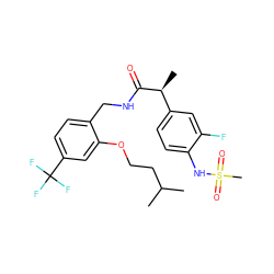 CC(C)CCOc1cc(C(F)(F)F)ccc1CNC(=O)[C@@H](C)c1ccc(NS(C)(=O)=O)c(F)c1 ZINC000473154665