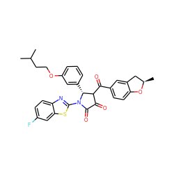 CC(C)CCOc1cccc([C@@H]2C(C(=O)c3ccc4c(c3)C[C@@H](C)O4)C(=O)C(=O)N2c2nc3ccc(F)cc3s2)c1 ZINC000098048047