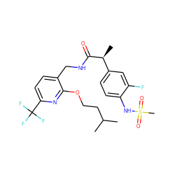 CC(C)CCOc1nc(C(F)(F)F)ccc1CNC(=O)[C@@H](C)c1ccc(NS(C)(=O)=O)c(F)c1 ZINC000096270958