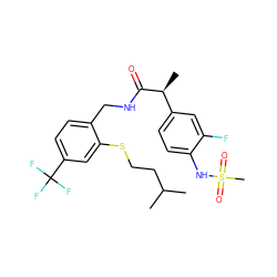 CC(C)CCSc1cc(C(F)(F)F)ccc1CNC(=O)[C@@H](C)c1ccc(NS(C)(=O)=O)c(F)c1 ZINC000473154328