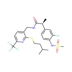 CC(C)CCSc1nc(C(F)(F)F)ccc1CNC(=O)[C@@H](C)c1ccc(NS(C)(=O)=O)c(F)c1 ZINC000096286102