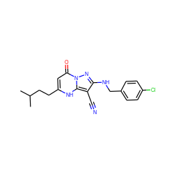 CC(C)CCc1cc(=O)n2nc(NCc3ccc(Cl)cc3)c(C#N)c2[nH]1 ZINC000473249696