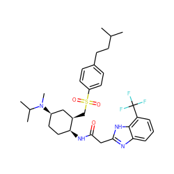 CC(C)CCc1ccc(S(=O)(=O)C[C@@H]2C[C@H](N(C)C(C)C)CC[C@@H]2NC(=O)Cc2nc3cccc(C(F)(F)F)c3[nH]2)cc1 ZINC000084690059
