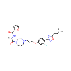 CC(C)CCc1nc(-c2ccc(OCCCN3CCCN(C(=O)[C@@H](C)NC(=O)c4ccco4)CC3)cc2F)no1 ZINC000003964454