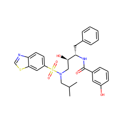 CC(C)CN(C[C@@H](O)[C@H](Cc1ccccc1)NC(=O)c1cccc(O)c1)S(=O)(=O)c1ccc2ncsc2c1 ZINC000016052450