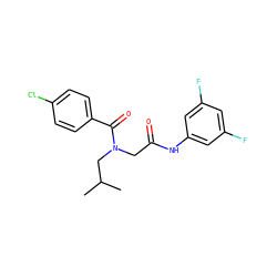 CC(C)CN(CC(=O)Nc1cc(F)cc(F)c1)C(=O)c1ccc(Cl)cc1 ZINC000072128566