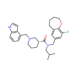 CC(C)CN(Cc1cc(Cl)c2c(c1)CCCCO2)C(=O)[C@@H]1CCCN(Cc2cccc3[nH]ccc23)C1 ZINC000114098956