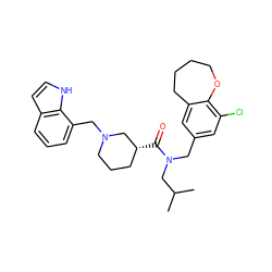 CC(C)CN(Cc1cc(Cl)c2c(c1)CCCCO2)C(=O)[C@@H]1CCCN(Cc2cccc3cc[nH]c23)C1 ZINC000114101034