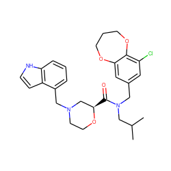 CC(C)CN(Cc1cc(Cl)c2c(c1)OCCCO2)C(=O)[C@@H]1CN(Cc2cccc3[nH]ccc23)CCO1 ZINC000114098990