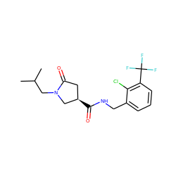 CC(C)CN1C[C@H](C(=O)NCc2cccc(C(F)(F)F)c2Cl)CC1=O ZINC000043205880