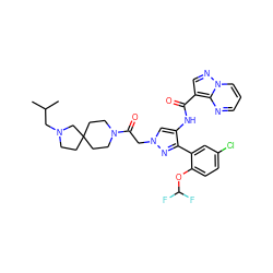 CC(C)CN1CCC2(CCN(C(=O)Cn3cc(NC(=O)c4cnn5cccnc45)c(-c4cc(Cl)ccc4OC(F)F)n3)CC2)C1 ZINC001772599278